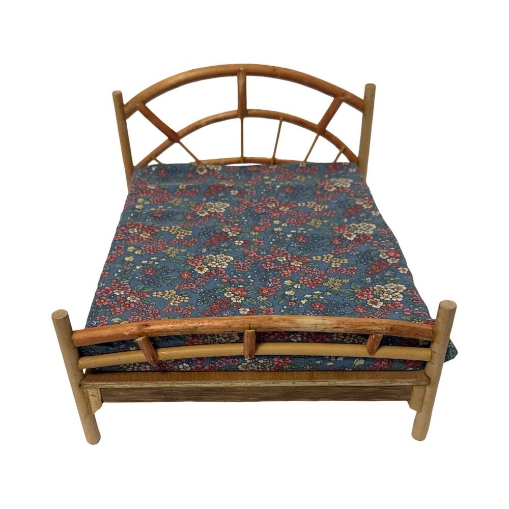 Handmade Miniature Bed With Blue Floral Mattress & Wooden Frame 10.5" x 6.5" x 9
